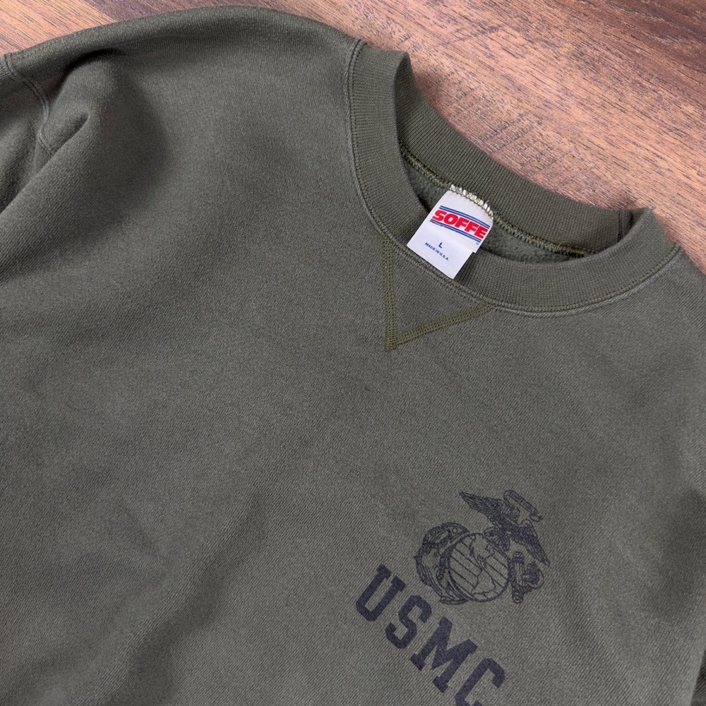 Vintage Soffe USMC Crewneck Mens Large Olive Green Marine Corps Made in USA